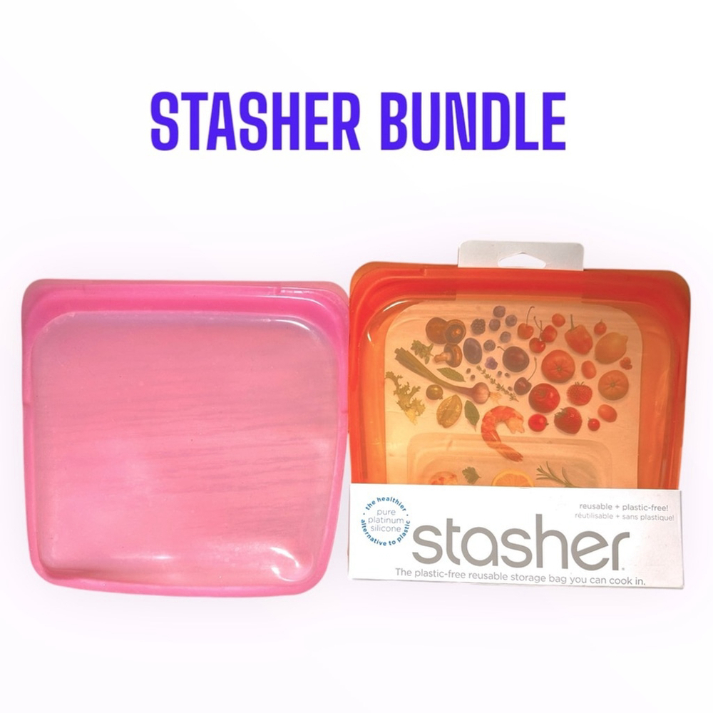 BUNDLE NWT 1x Stasher Orange Silicone Reusable Sandwich Bag 1x Amazon Pink 28oz